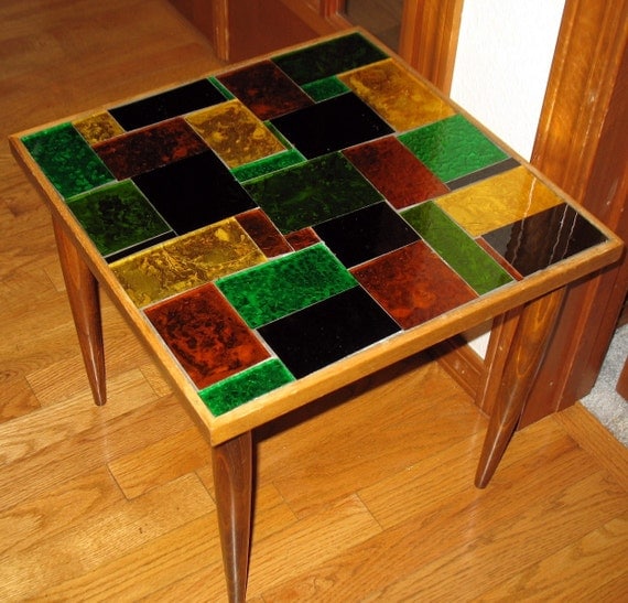 Vintage Mosaic Glass Tile End Table Mid Century by