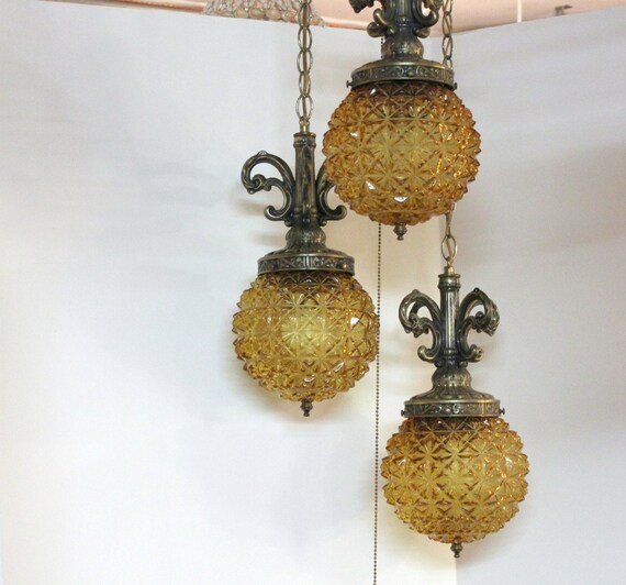 Vintage Amber Swag Lamp Light 3 Globe Ceiling by