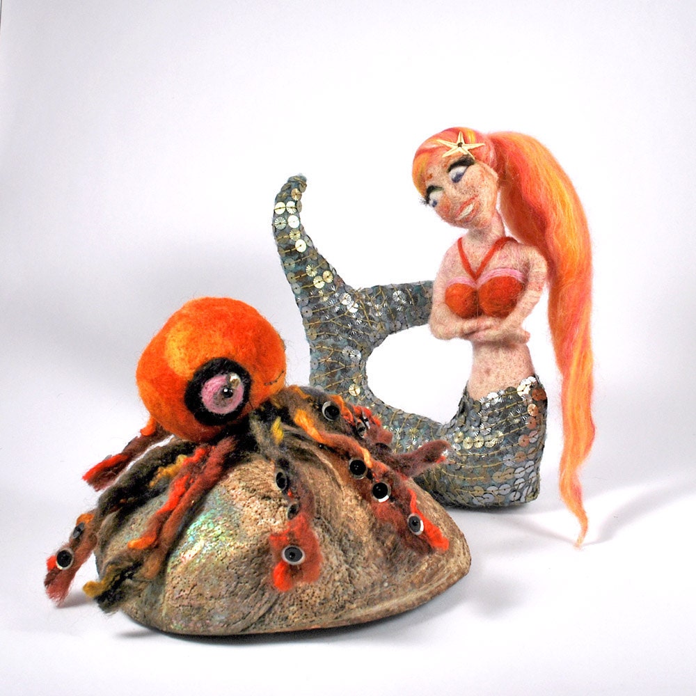 Mermaid art doll with octopus friend large needle felted soft sculpture