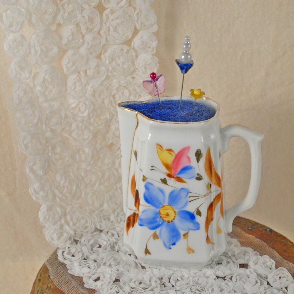 Up-cycled vintage creamer into a stunning pin cushion (Hand painted with gold accents)