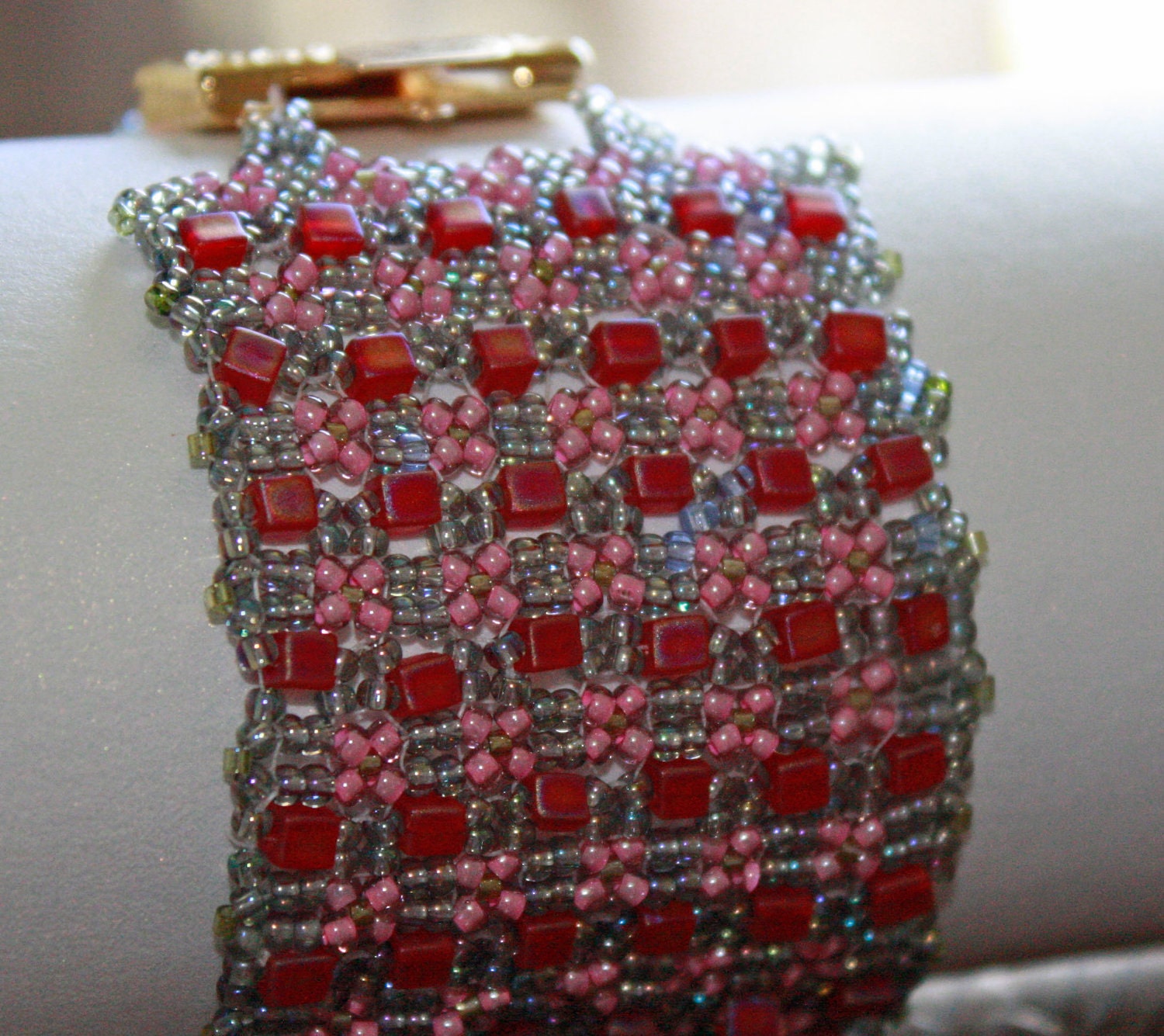 Raspberry Cube Beads Woven into Wide Band Cuff Bracelet