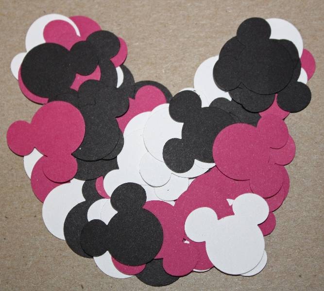 50 Hot Pink, White and Black Handpunched Minnie Mouse Ears Confetti, Scrapbooking Embellishments, Medium Size. Die Cut