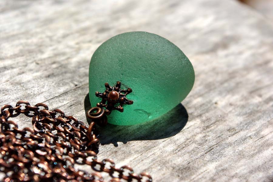 TEAL-GREEN  DROP genuine seaglass necklace.