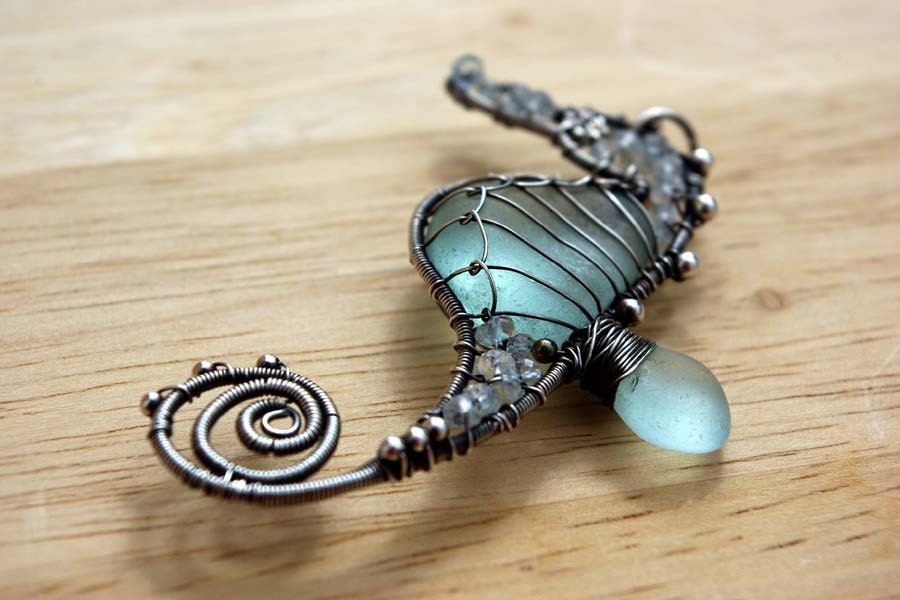 Palest AQUA seahorse wire wrapped seaglass pendant.
