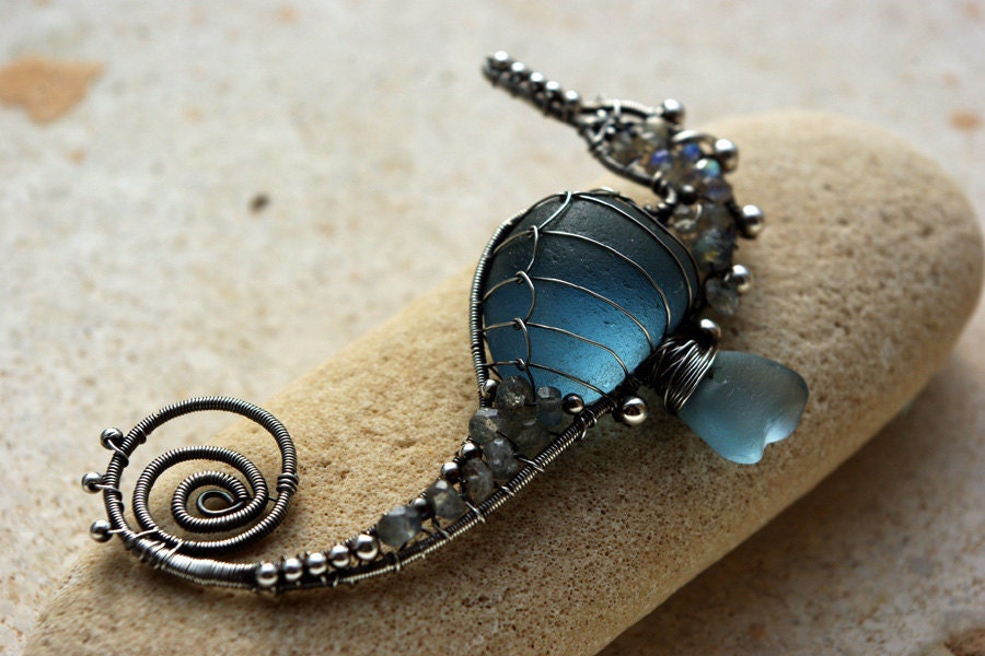 BLUE-GRAY seahorse wire wrapped seaglass pendant.