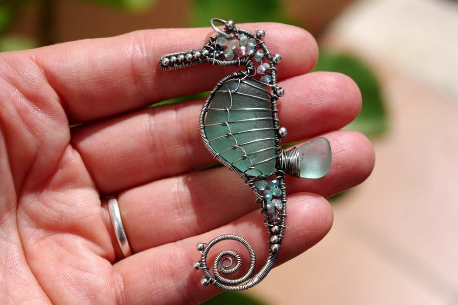20% OFF. AQUA TEAL seahorse wire wrapped seaglass pendant.