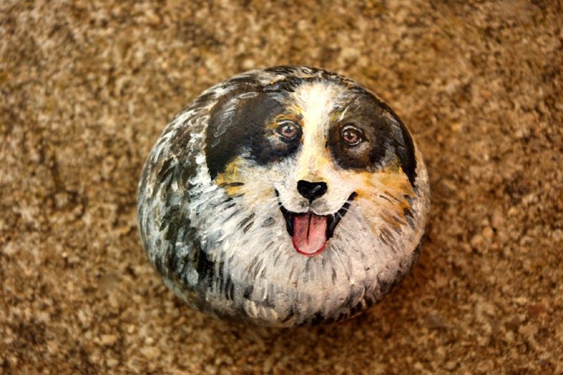 Australian Shepherd Dog hand painted sea stone.