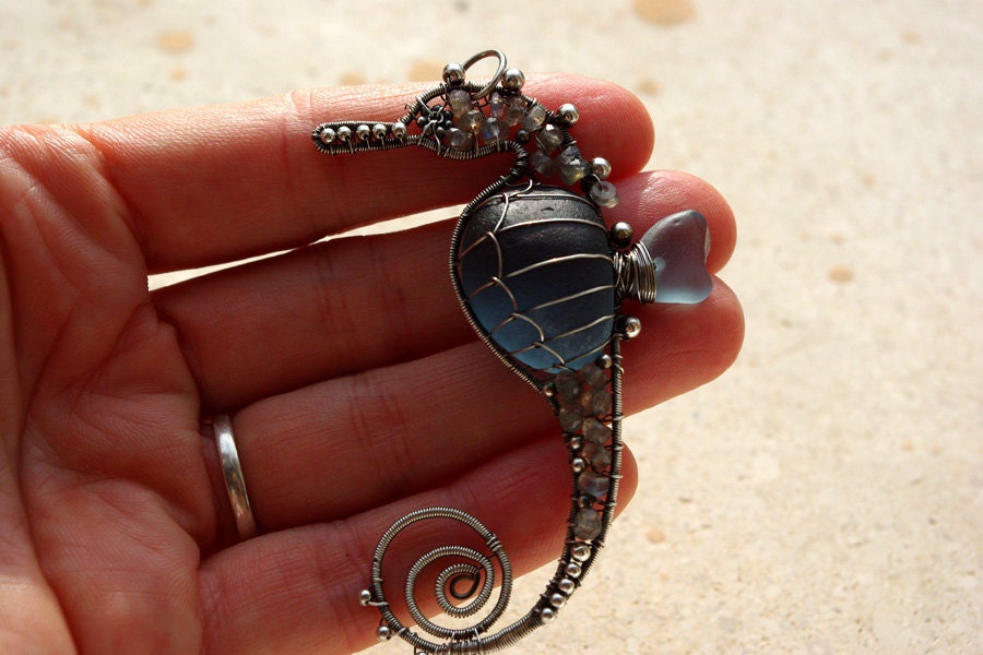 BLUE-GRAY seahorse wire wrapped seaglass pendant.