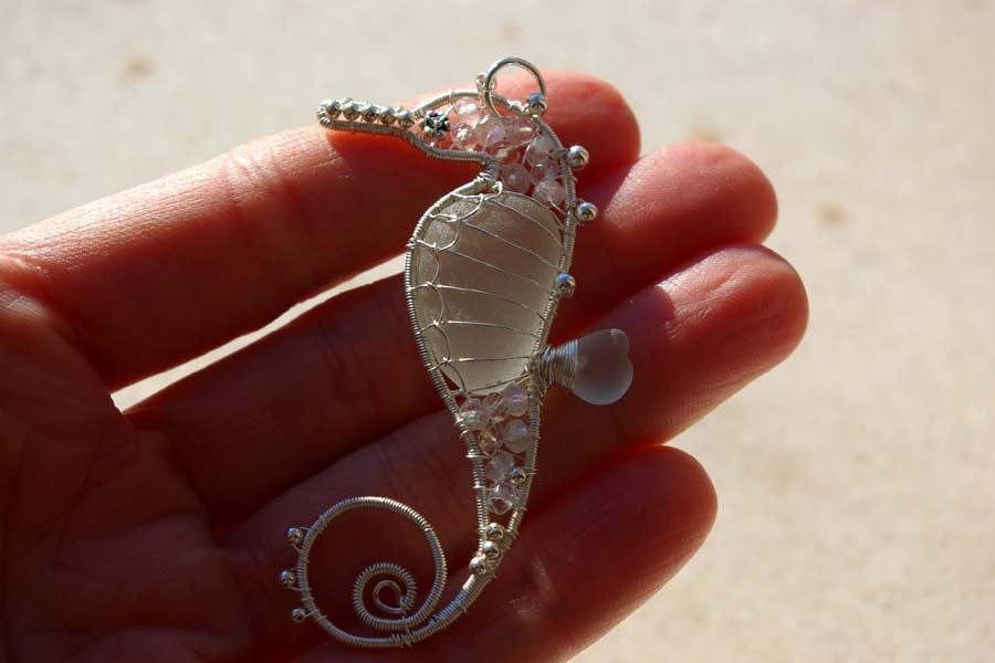 WHITE seahorse wire wrapped seaglass pendant.