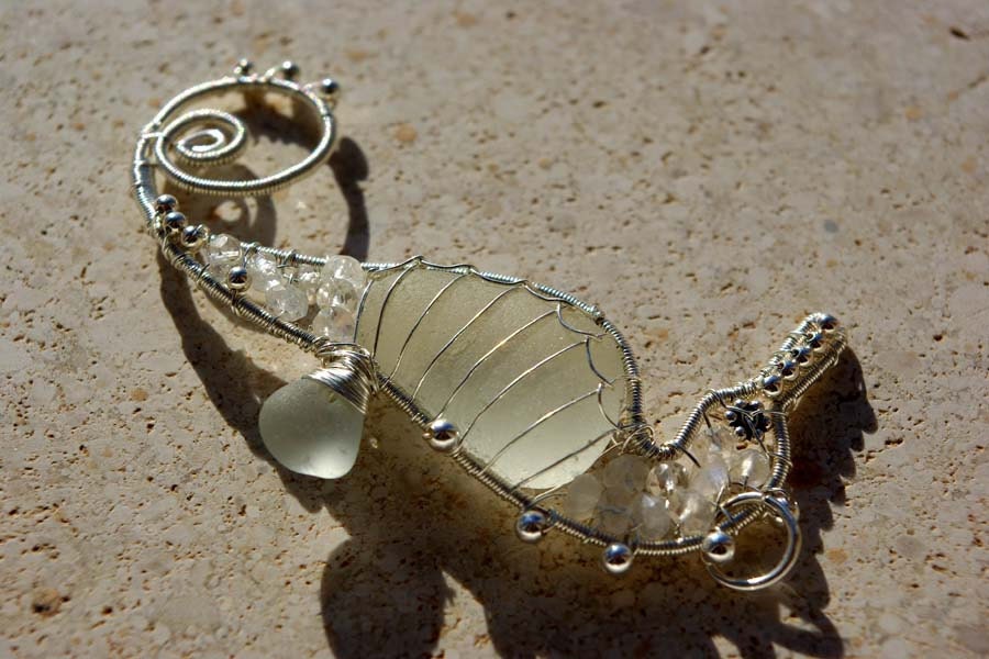 WHITE seahorse wire wrapped seaglass pendant.