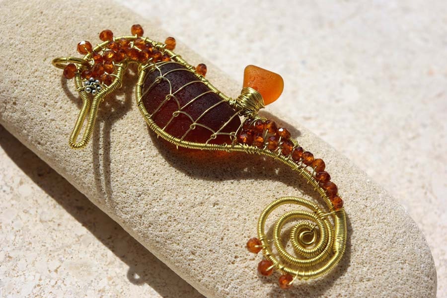 CARAMEL seahorse wire wrapped seaglass pendant.