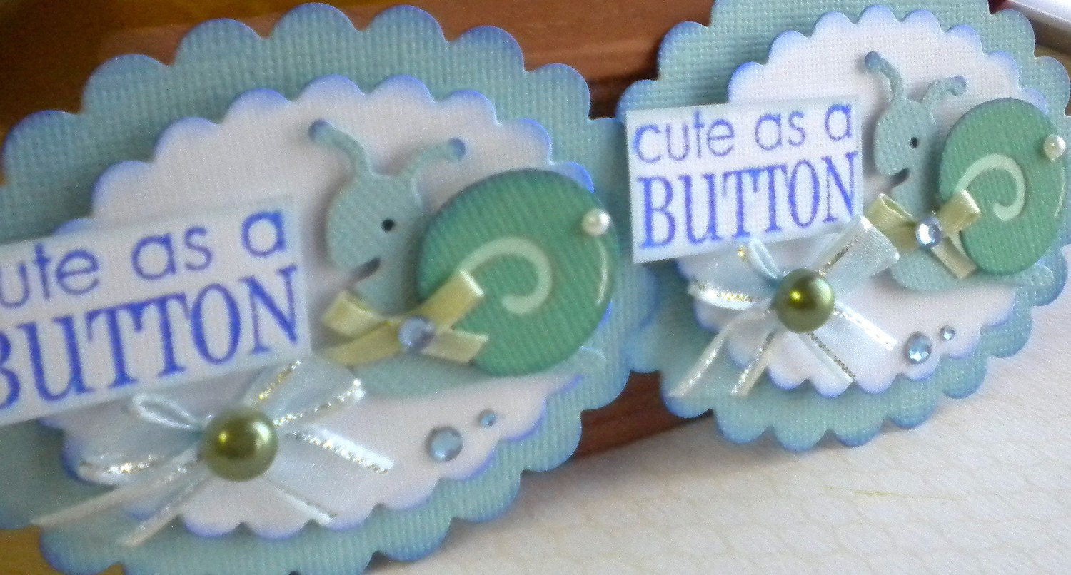Set of (2) Baby Embellishments. Cute As A Button Boy Blue and Green