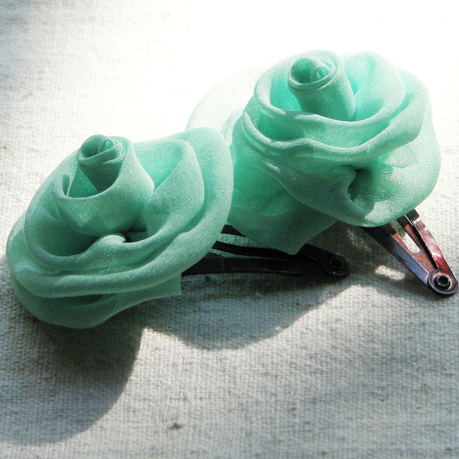 Rose hair clips,  in mint green chiffon, set of 2 small hair flowers