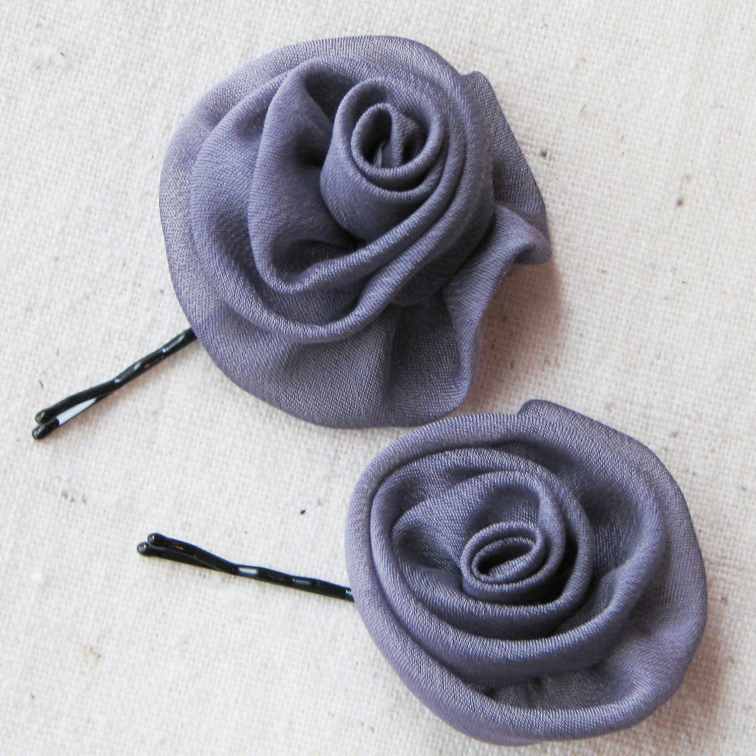 Rose bobby pins hair accessories, in dusky gray chiffon with a hint of purple, sophisticated shabby chic, set of 2 small hair flowers