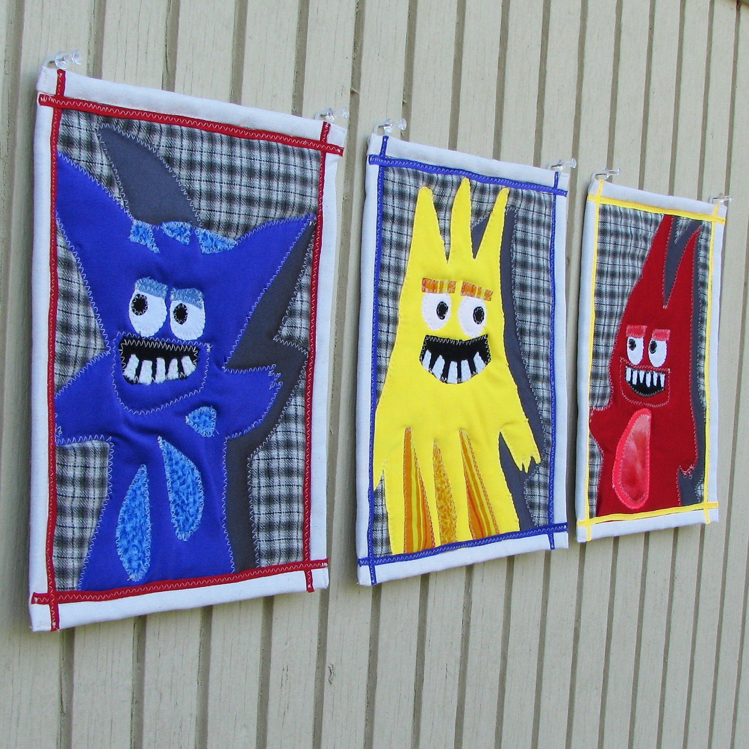 Wall art for kids room: 3 small art quilts with whimsical monsters in primary colors, one of a kind fabric collage