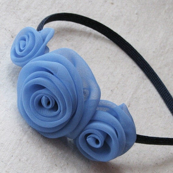 Fabric rose headband, with 3 handcrafted rosettes in cornflower blue chiffon, child size hair accessory