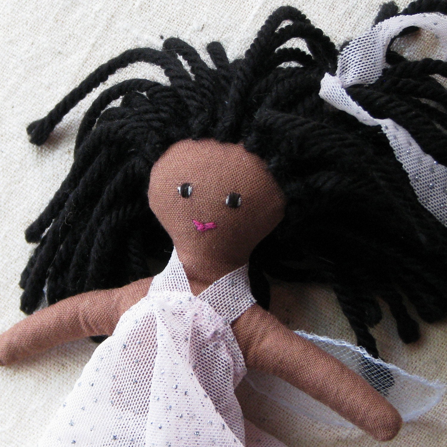 African American fairy doll - small doll with light chocolate brown skin in a sparkly pale pink dress, 6 inch
