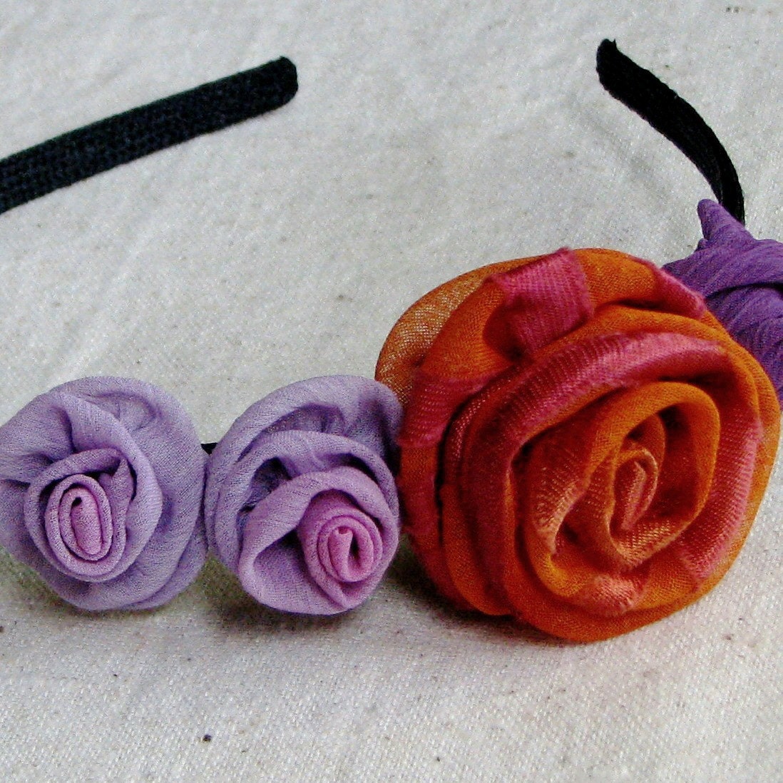 Flower headband with roses, in orange spice and lavender purple chiffon fabric, child size
