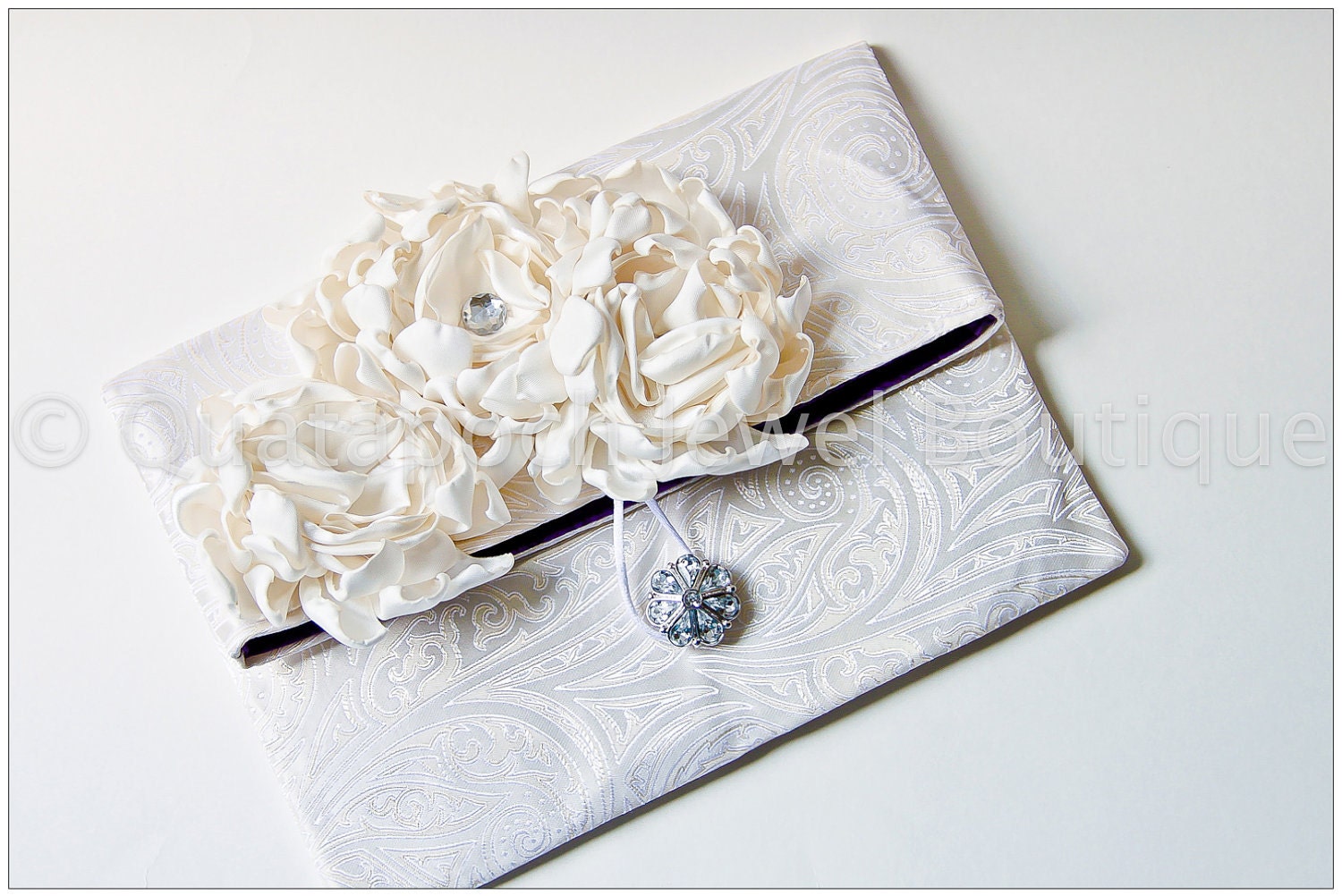 Made to Order For the Bride, Wedding Day Peony Clutch purse bag, chic, ornate with handmade flowers and rhinestone button