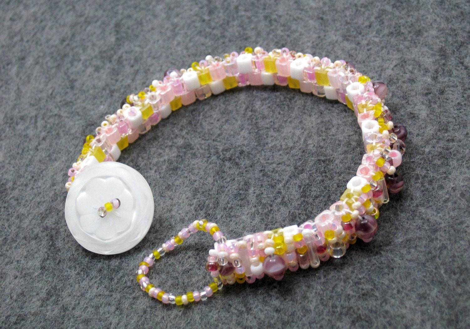 Beaded Cuff Bracelet Skinny Birthday Cake Yellow Pink White by randomcreative on Etsy