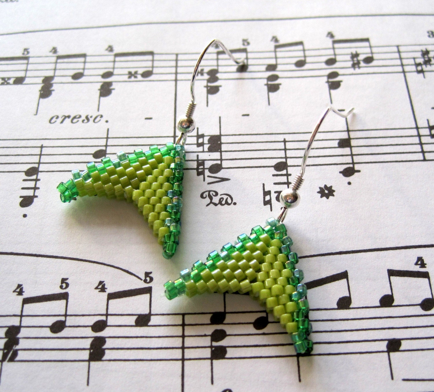 Beaded Dangle Earrings - Triangles Lime Kelly Green by randomcreative on Etsy