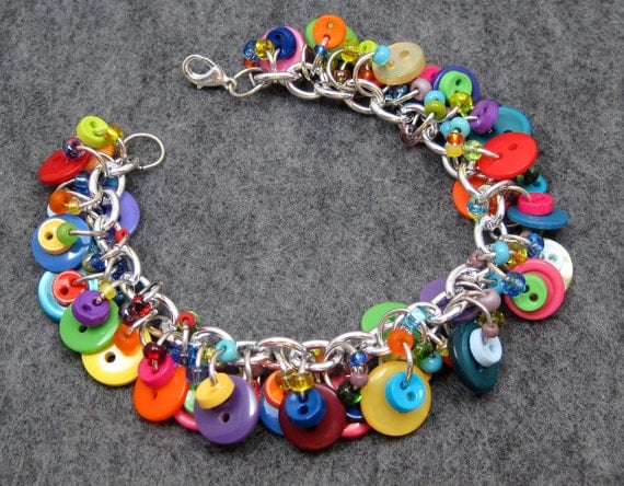 Button Charm Bracelet - Bright Colorful Multicolored Rainbow by randomcreative on Etsy