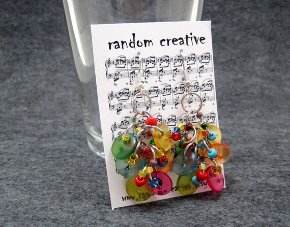 Button Dangle Earrings - Bright Colorful Multicolored Rainbow by randomcreative on Etsy