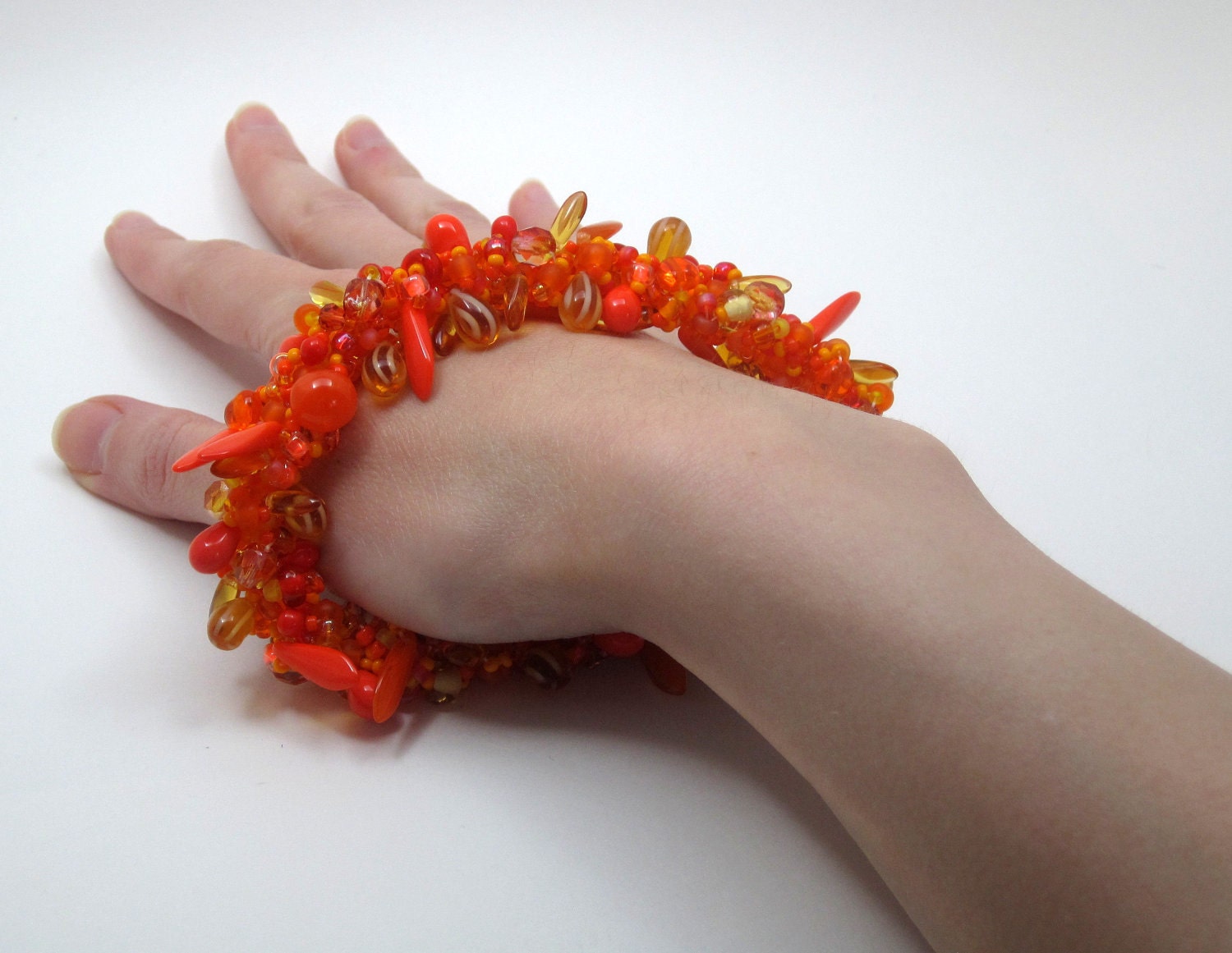 Beaded Bangle Bracelet - Tangerine Orange Explosion by randomcreative on Etsy
