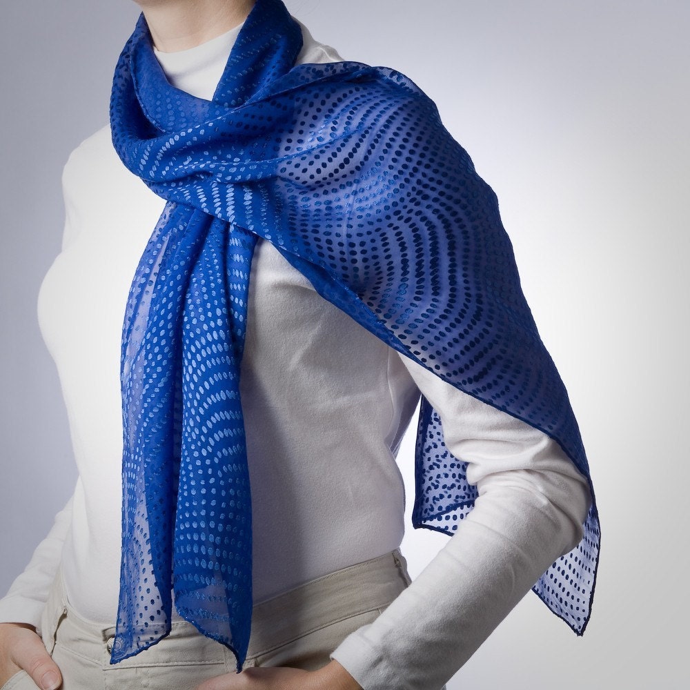 cobalt blue silk scarf with spiral dots pattern
