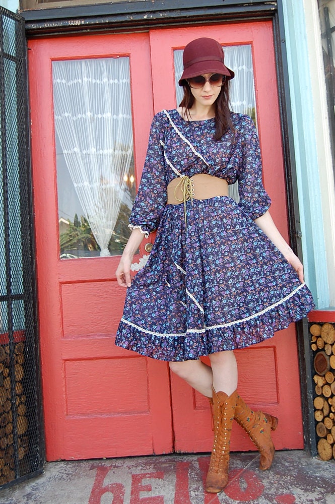 Vintage 70s Navy Autumn Floral Sheer Secretary Dress