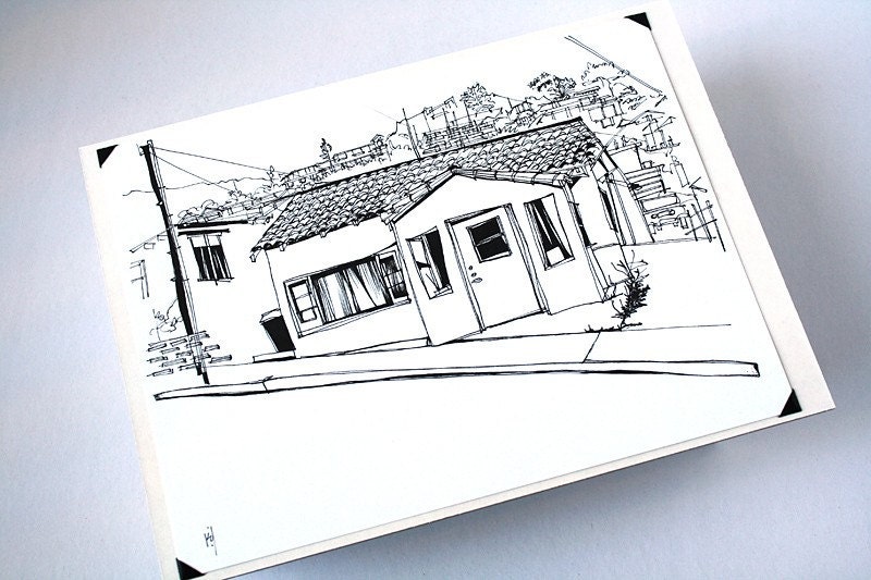 original pen and ink drawing "Bungalow" Hollywood Hills Los Angeles retro building sketch in black / white (8-1/2 x 11")
