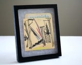 Overnight - library book pocket art: original ink drawing & collage in display case (6x5")