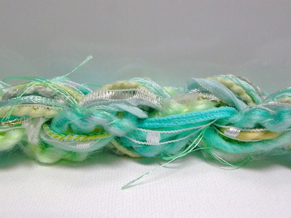 Sea Glass Fringe Effects . 20yds of specialty fibers art yarn bundle . turquoise, aqua, seafoam, willow