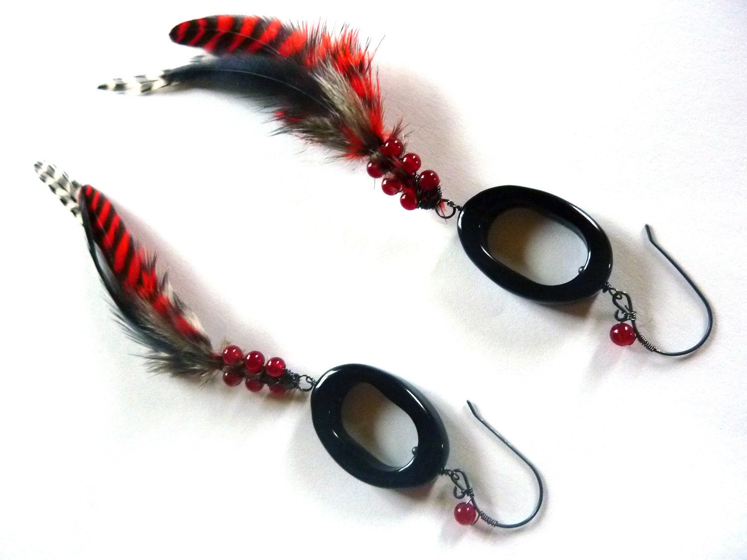 Black and Red Agate Feather Sterling Earrings