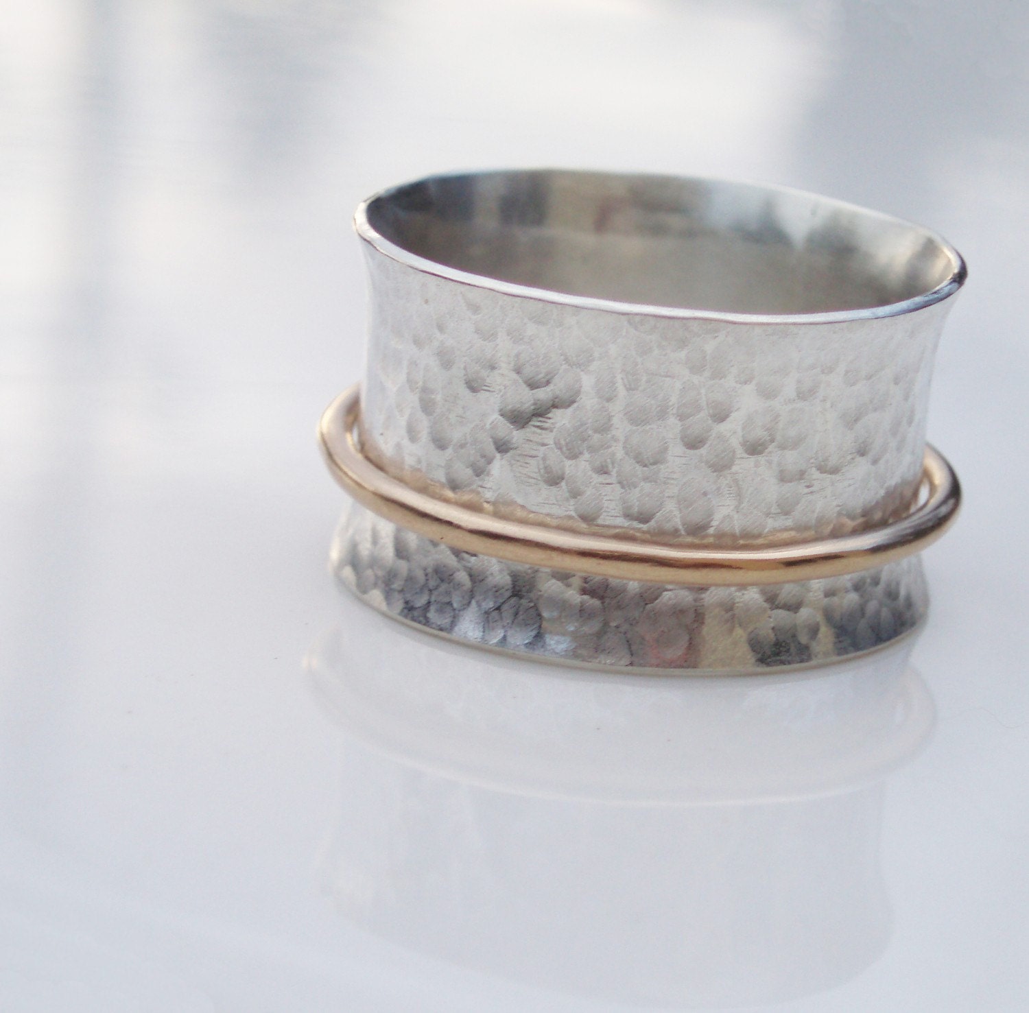 Hammered Spinner Ring Sterling Silver and Gold filled