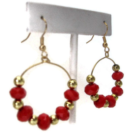 WOMEN'S JEWELRY: Earrings Hoops Gold Red Orange Glass Bead - MEDIUM