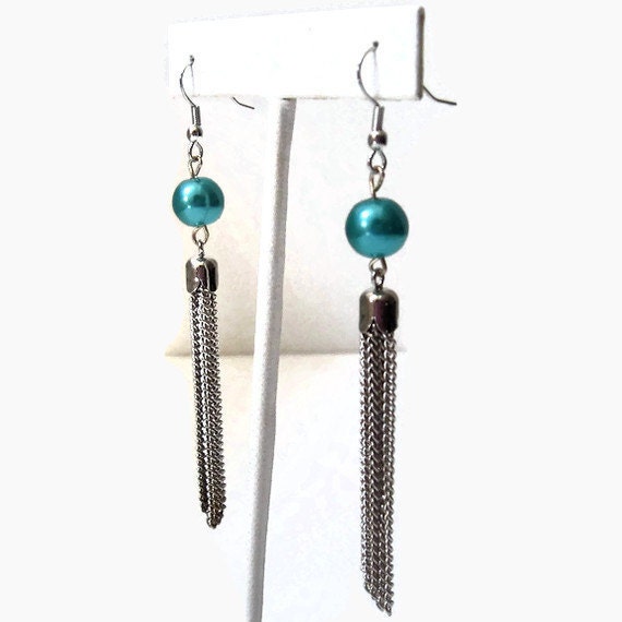 WOMEN'S JEWELRY: Earrings Silver Chain Sea Blue Glass Pearl