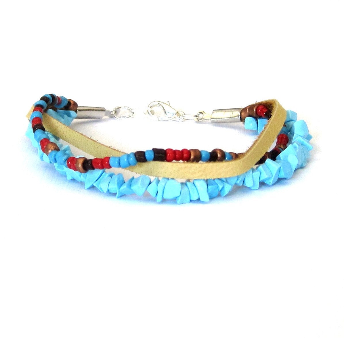 Country Boho Chic Multi Strand Bead and Leather Bracelet