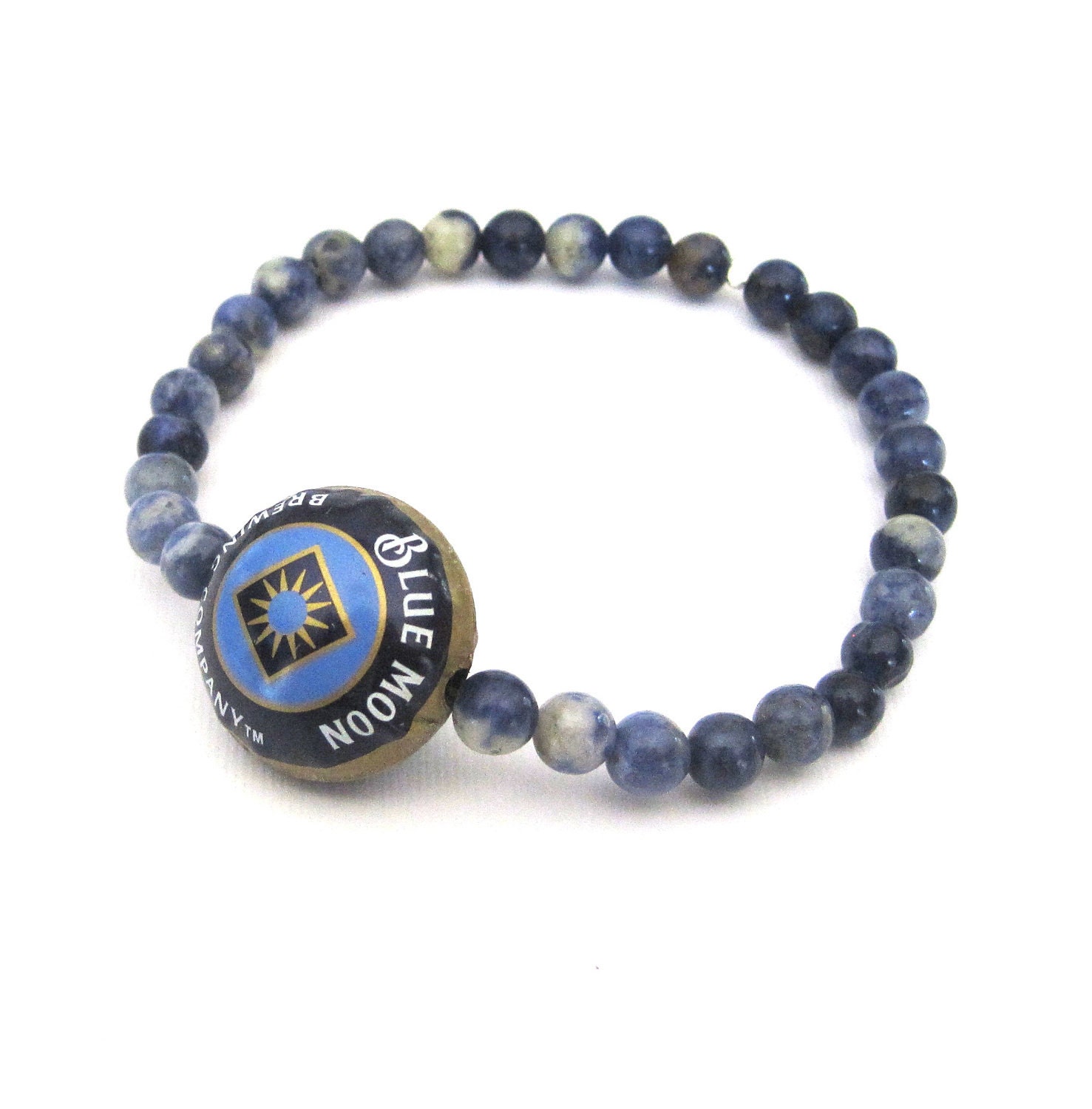 Repurposed Beer Bottlecap Stretch Bracelet sodalite beads blue white gold upcycled recycled