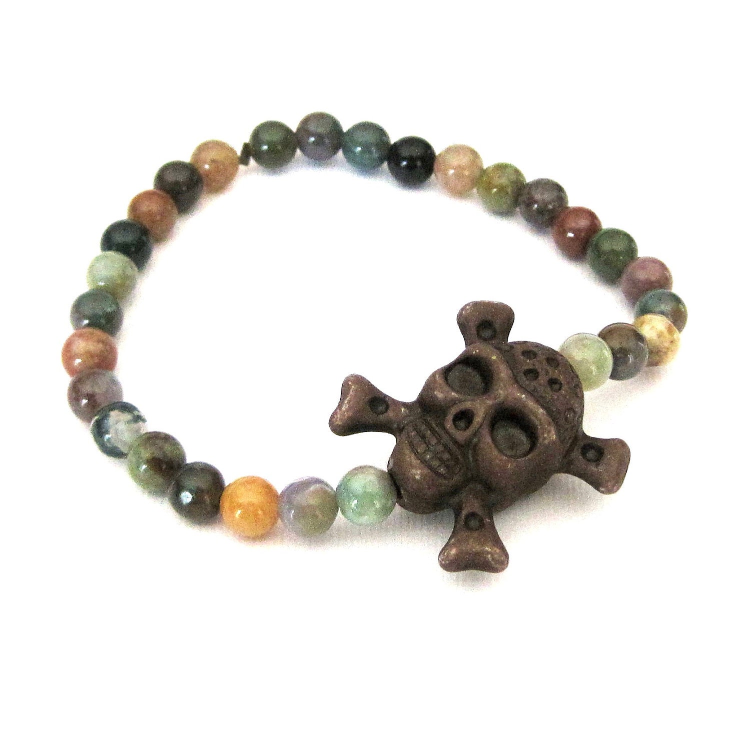 Unisex Skull and Crossbones Stretch Stack Bracelet in brown and earth tones