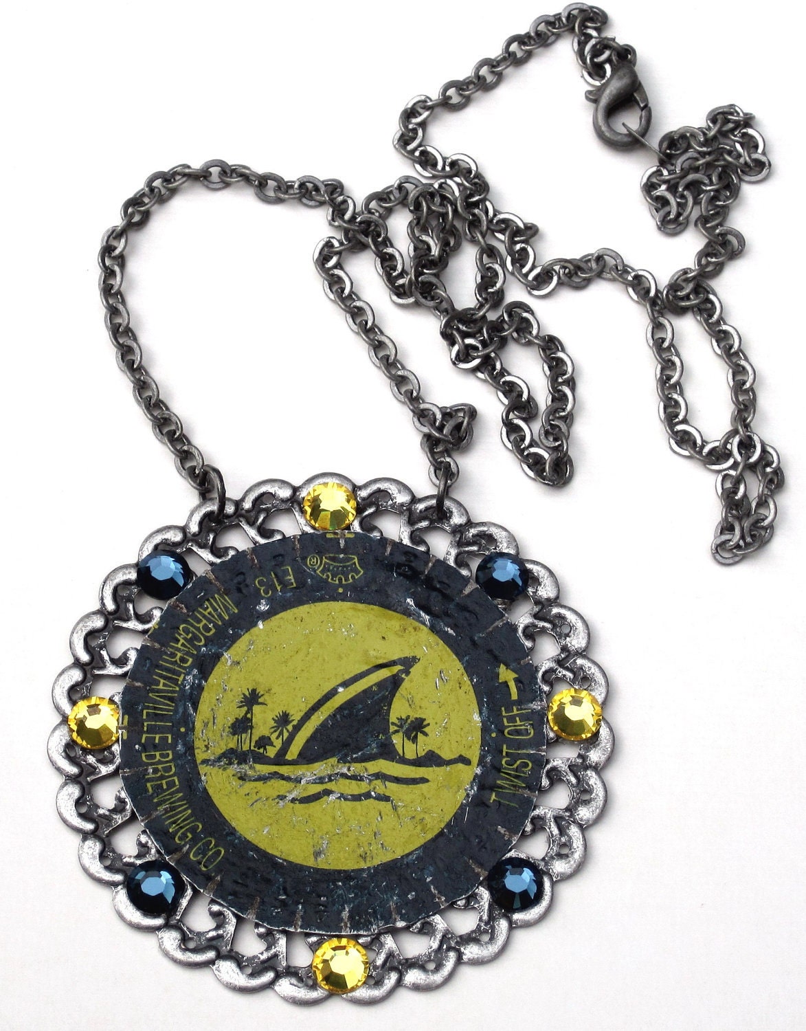 Repurposed Beer Bottle Cap Necklace with Swarovski Crystals blue and yellow recycled upcycled