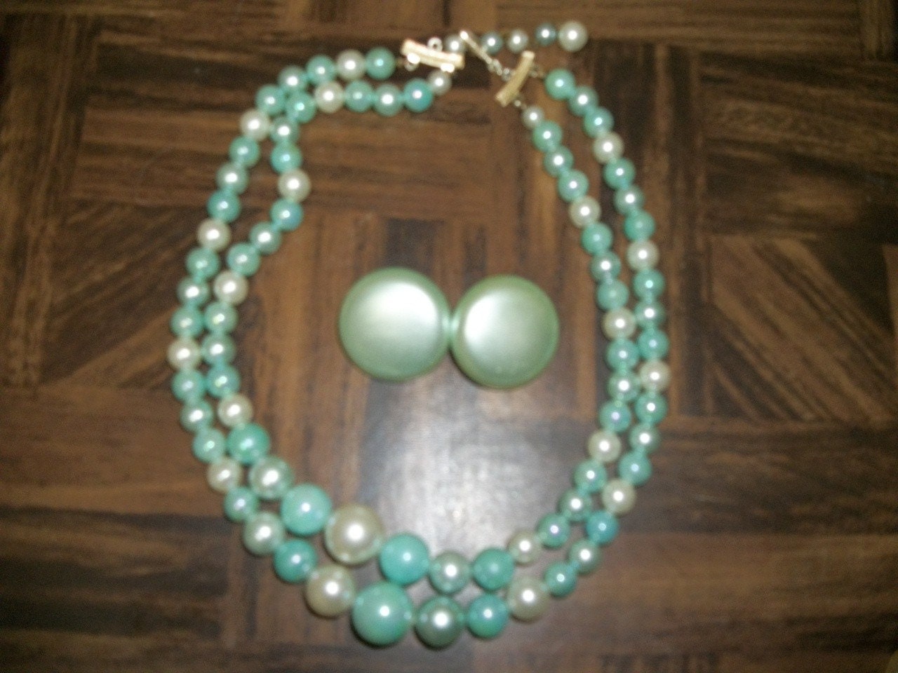 1960s Double Strand Aqua and White Beaded Necklace and Earclip Set