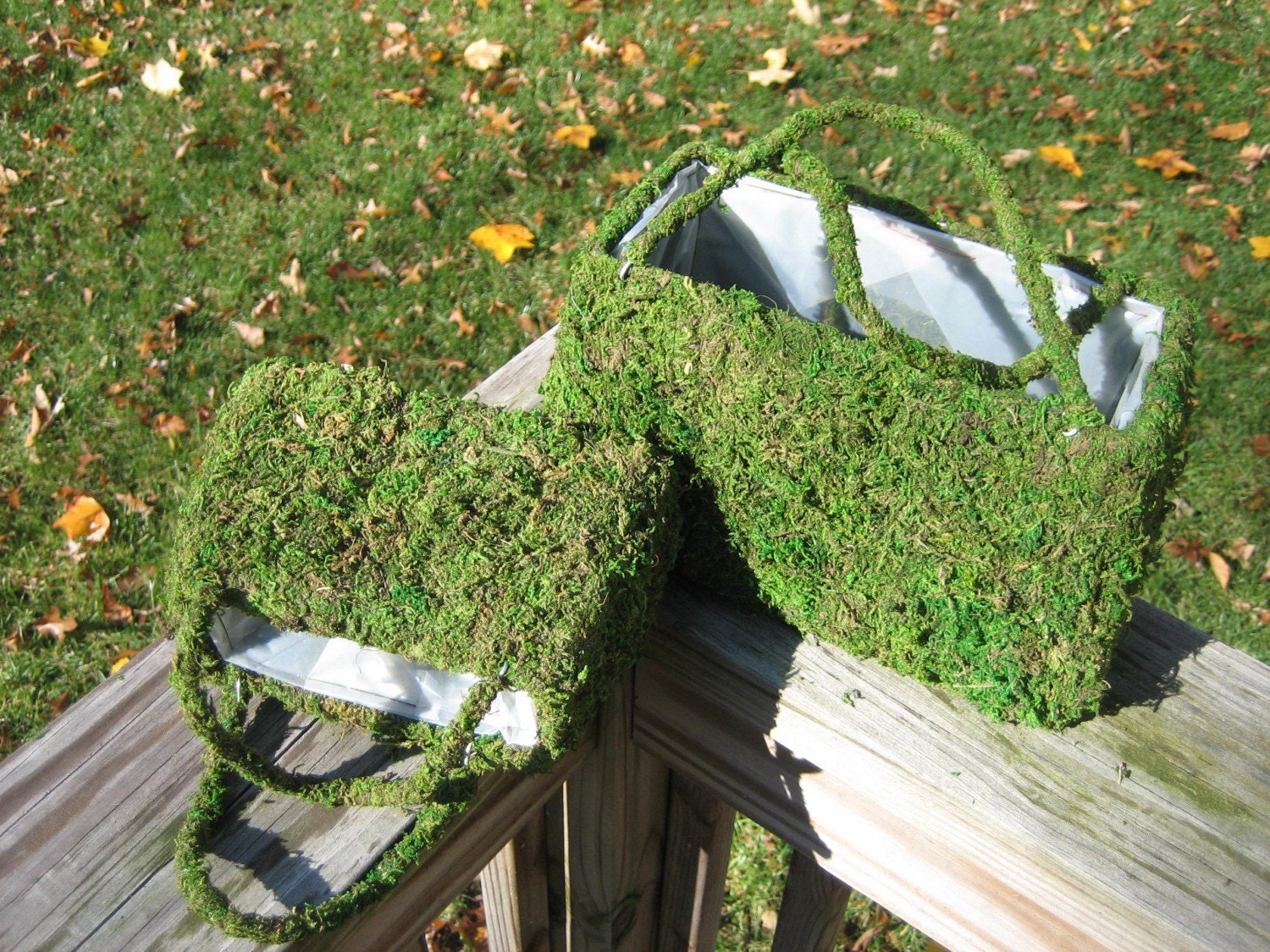 TWO Natural Green Moss Purse Planter with handles small and large