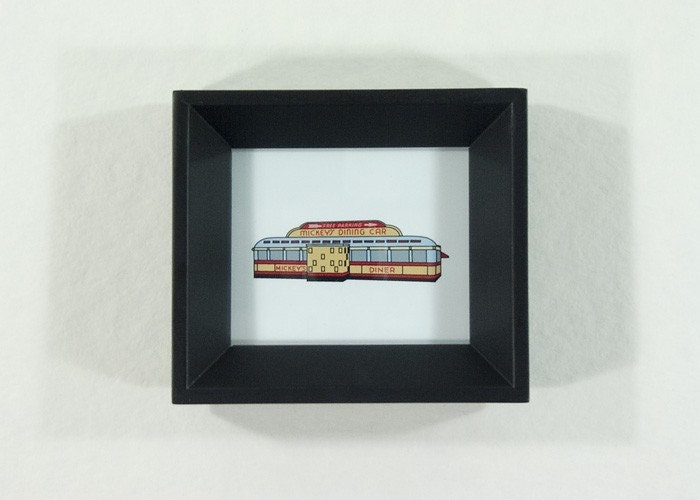 Mickey's Diner framed art - St. Paul Minnesota Icon drawing in red, baby blue, yellow, grey and black