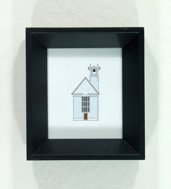 Seaside Chapel framed illustration - Florida Icon drawing of church with bell and pale blue, brown, gray, black