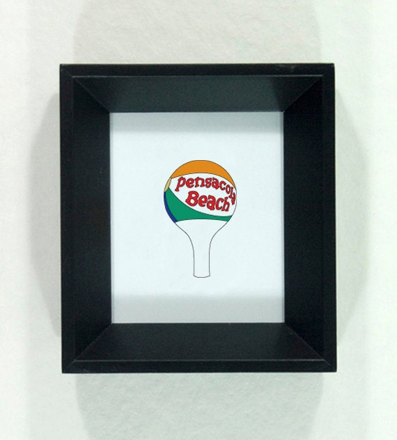 Pensacola Beach Water Tower framed illustration - Florida Icon with red orange yellow green blue beach ball illustration