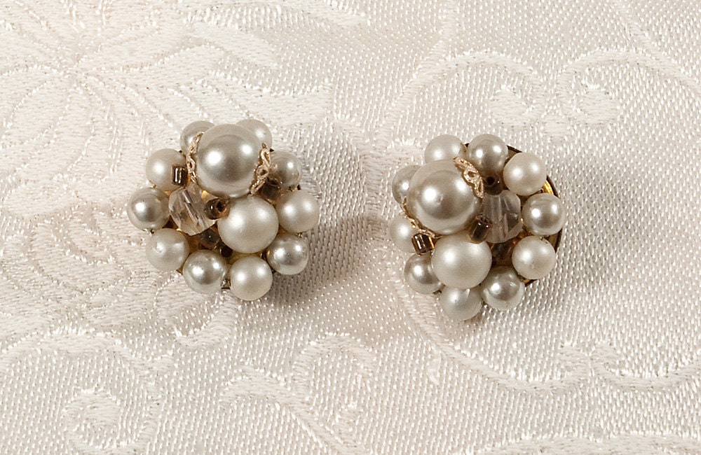 1950's Grey Beaded Costume Earrings, Wedding, Gift, Holiday