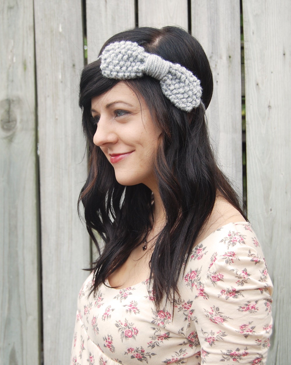 Knit Headband in Grey with Large Bow // Adult Light Gray Bow // Preppy Knitted Headband