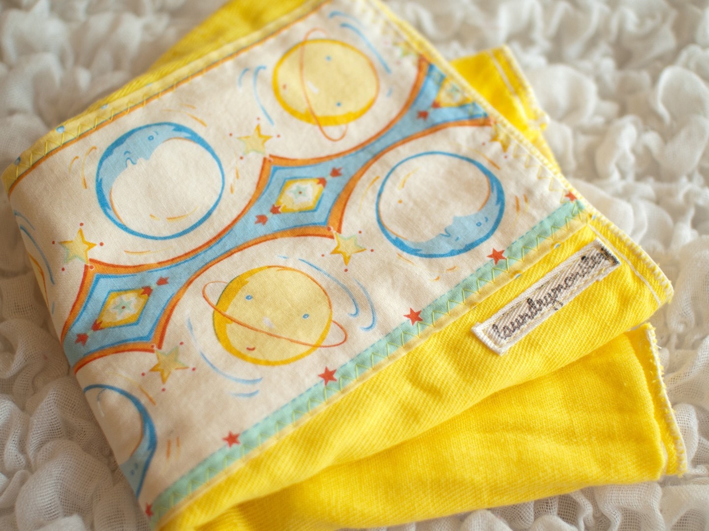 Baby burp cloth - blue and yellow moons hand dyed yellow