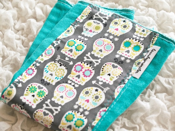 baby burp cloth - Sugar Skulls hand dyed jade green burp cloth